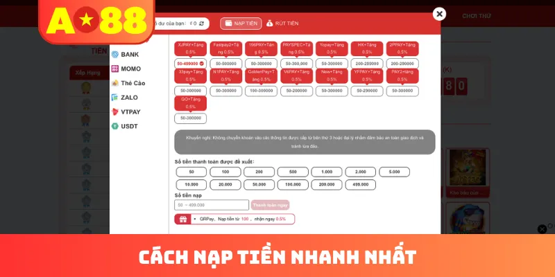 Thông tin giao dịch nạp tiền AO88